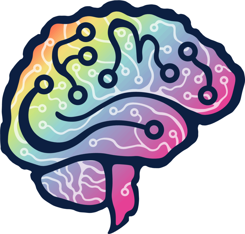 Image (left) of rainbow brain with letters CFMI hidden in the sulci.