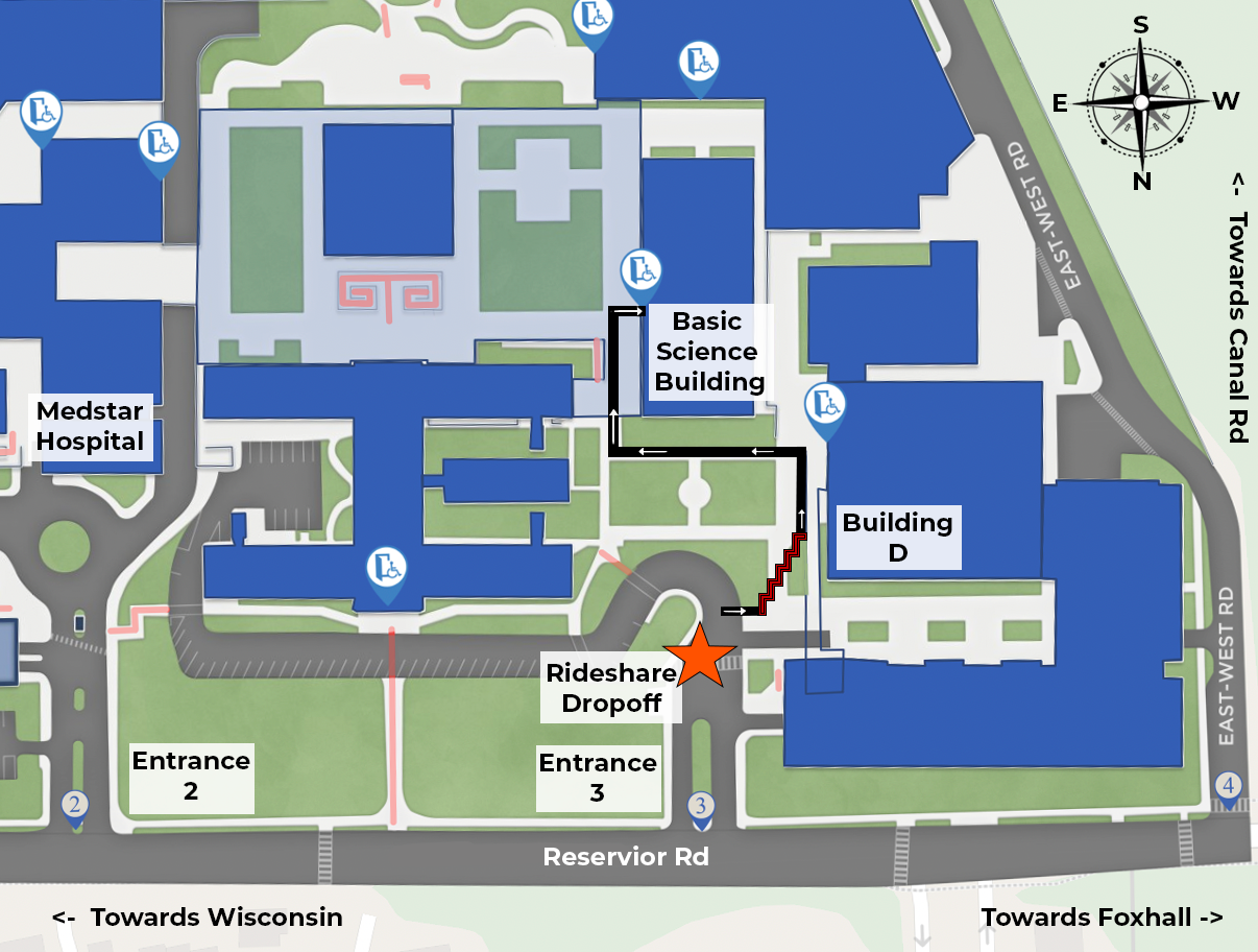 Annotated Map of Med Campus; oriented to the South, from the perspective of an individual facing the hospital from Reservoir Rd NW. There is a large red star orienting to the RideShare dropoff point at entrance 3. There are arrows showing the path from this drop-off point, up the stairs on the right, across the sidewalk to the left, and onto the courtyard where the basic science building entrance is located. Labels on the map orient the user to nearby buildings.